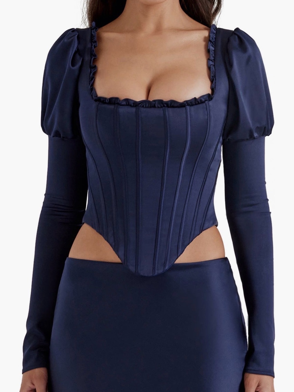 House of CB Navy Satin Corset Top with Puff Sleeves